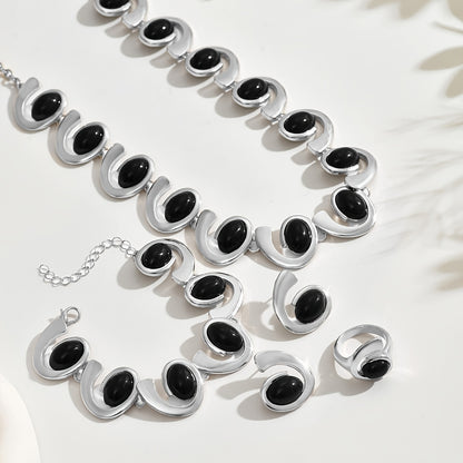 4 pezzi/Set Argento Donna Moda Semplice Collana Orecchini Braccialetto Anello Set Geometrico Ovale Nero Acrilico Intarsiato Spirale Cucitura Perline Pendente Collana Braccialetto Orecchini Anello Boho Spirale Design Set di Gioielli