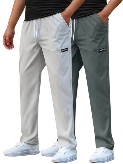 Pantaloni da lavoro casual da uomo a gamba dritta - Poliestere leggero, vita con coulisse, stile primavera/estate, opzioni bianco e blu navy, abbigliamento da lavoro casual | Pantaloni a gamba dritta | Tessuto in poliestere