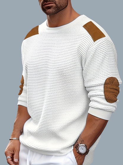 Maglione Casual Uomo in Maglia Waffle con Blocchi di Colore a Contrasto e Patch - Pullover Girocollo Lavabile in Lavatrice per Tempo Libero, Abbigliamento Tessuto