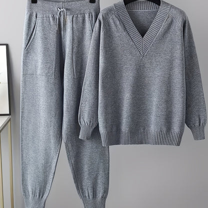 Set a due pezzi, maglione casual a maniche lunghe e pantaloni a V con scollo, senza cintura, lunghezza regolare delle maniche, pantaloni lunghi
