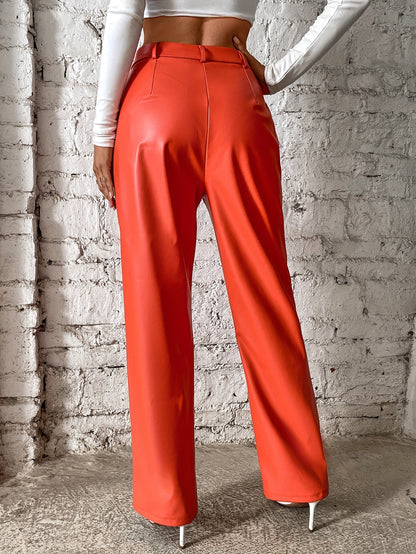 Pantaloni a gamba dritta in pelle sintetica da donna con cucitura a cerniera, pantaloni lunghi casual con cuciture decorative sul davanti e sul lato, perfetti per l'autunno/inverno