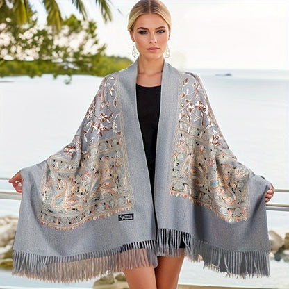 Abbigliamento esterno ricamato floreale stagionale bohemien, sciarpa ricamata in vintage per primavera e autunno, scialle versatile, sciarpa etnica, scialle di grandi dimensioni per il calore.