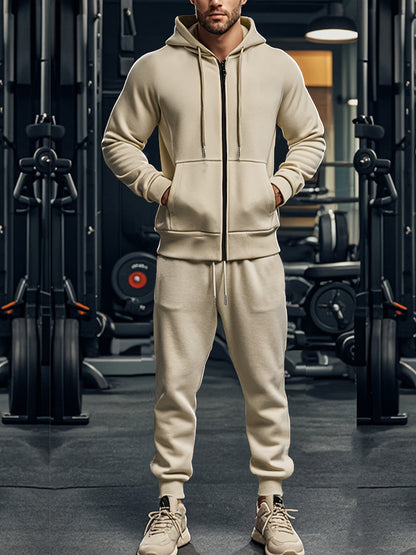 Set di 2 pezzi da uomo con felpa con cappuccio a tinta unita a maniche lunghe + pantaloni, set casual sportivo da fitness coordinato