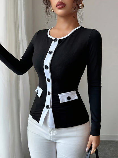 Women's Elegant Black & White Contrast Long Sleeve T-Shirt with Round Neck & Decorative Collar - Mid-Stretch Office to Casual Top, Faux Pocket Design, Spring/Fall Wardrobe Essential (Hand Washable, Non-See-Through)