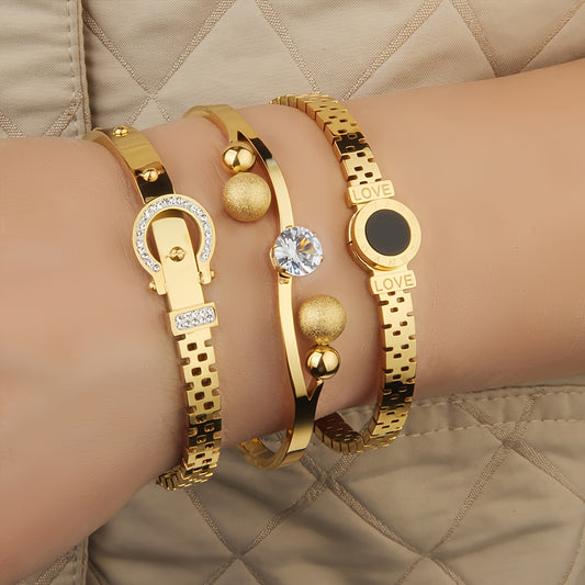 3 pezzi, bracciale da donna in acciaio inossidabile, pendente romano a doppia amore intarsiato con zirconi scintillanti, alla moda e versatile, molto adatto per l'uso quotidiano e come regalo