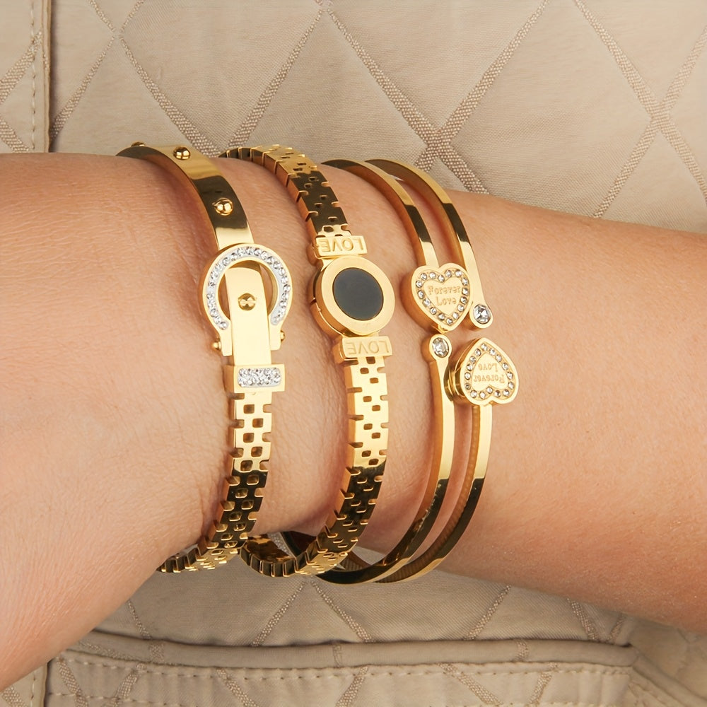 3 pezzi, bracciale da donna in acciaio inossidabile, pendente romano a doppia amore intarsiato con zirconi scintillanti, alla moda e versatile, molto adatto per l'uso quotidiano e come regalo