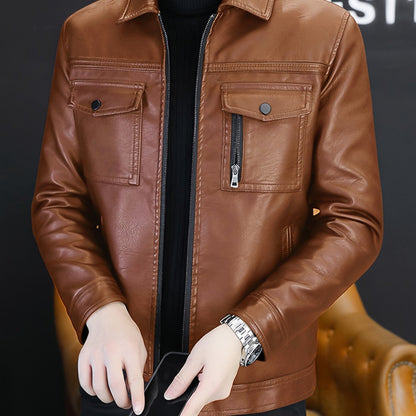 Linea Classic - Giacca da uomo autentica - Stile bomber marrone con chiusura a cerniera