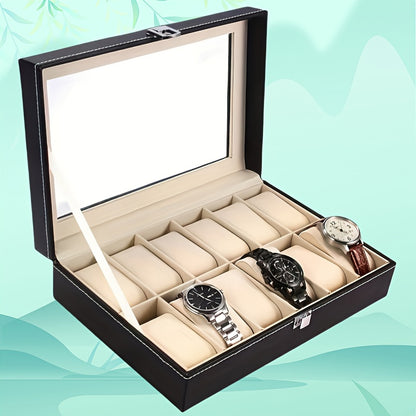 Vetrina per orologi in pelle sintetica con 12 slot e coperchi trasparenti - Scatola classica rettangolare per organizzare gioielli per orologi, braccialetti e accessori, contenitore resistente per la conservazione a tavolino per casa, boutique e regali, c
