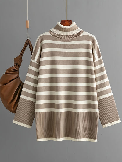 Set di maglione a righe elegante a collo alto e pantaloni a gamba larga per donne - Righe verticali beige e bianche, vestibilità ampia, maniche lunghe, chiusura a bottoni, perfetto per l'autunno/inverno, abbigliamento casual a formale, abbigliamento casua