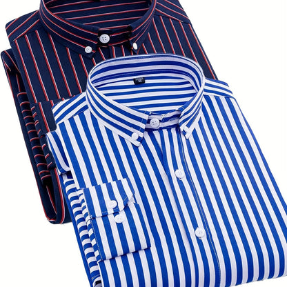 1+1pz Camicia Uomo a Righe con Maniche Lunghe - Colletto Casual, Tessuto Leggero, Ideale per Vacanze al Mare, Appuntamenti e Regali, Top Classico a Righe