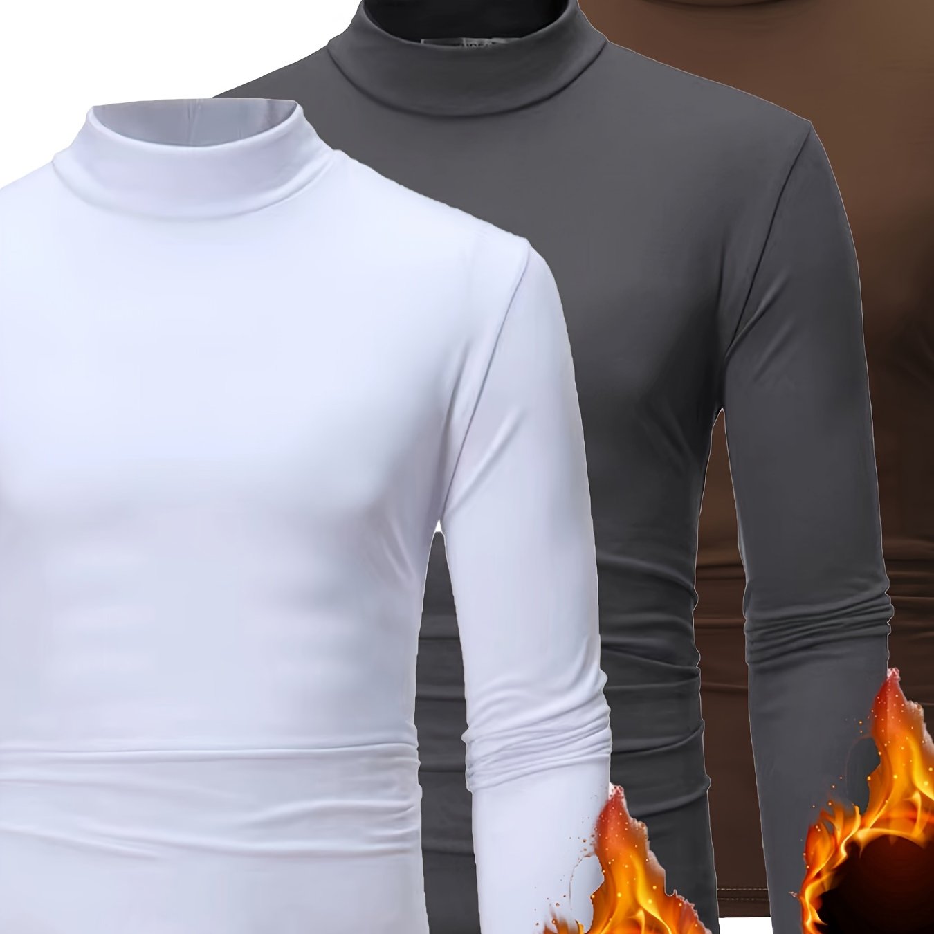 3pcs Camicie a maniche lunghe con collo alto in pile termica per uomo - Slim Fit Stand Collar Base Layer, Top casual invernali a tinta unita per strati, Bianco/Nero/Azzurro marino, Essenziali per il tempo freddo, Collo alto elegante, Camicia comoda