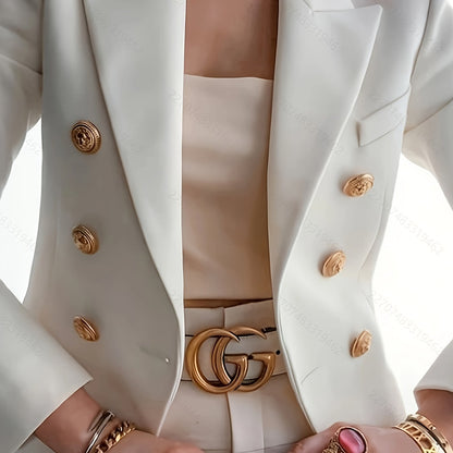 Women'S Blazer - Elegant Double-Breasted Jacket with Structured H-Silhouette, Long Sleeve Office & Party Coat for Women, Chic Professional Outerwear - Formal & Everyday Blazer, Spring Fashion, Classic Lapel Collar, Polished Finish, Stylish Coat, Working W