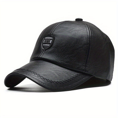 1 Cappello da baseball nero in pelle sintetica con visiera regolabile - Leggero, resistente e traspirante per attività all'aperto, viaggi, feste in spiaggia e abbigliamento casual, cappello da moda primaverile | Cappello da baseball regolabile | Equipaggi
