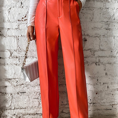 Pantaloni a gamba dritta in pelle sintetica da donna con cucitura a cerniera, pantaloni lunghi casual con cuciture decorative sul davanti e sul lato, perfetti per l'autunno/inverno