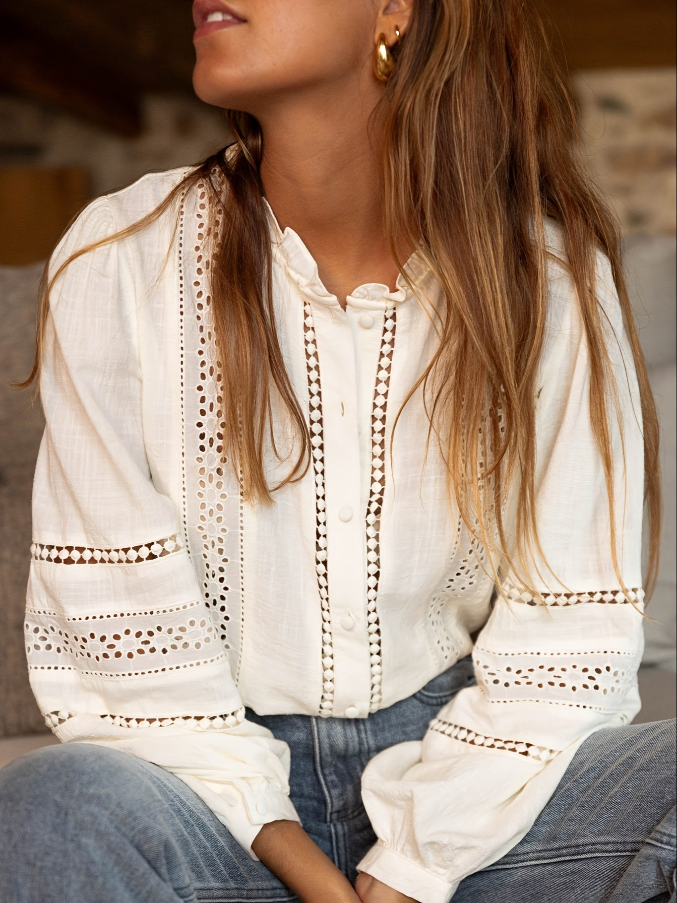 Women's Elegant Blouse - Semi-Sheer Long Sleeve Shirt with Lace-like Button Front Placket, Loose Fit Non-Stretch Office & Everyday Blouse for Spring/Fall/Summer - Women's Clothing, Spring Fashion, Delicate Embroidery, Intricate Detailing, Embroidered Top,