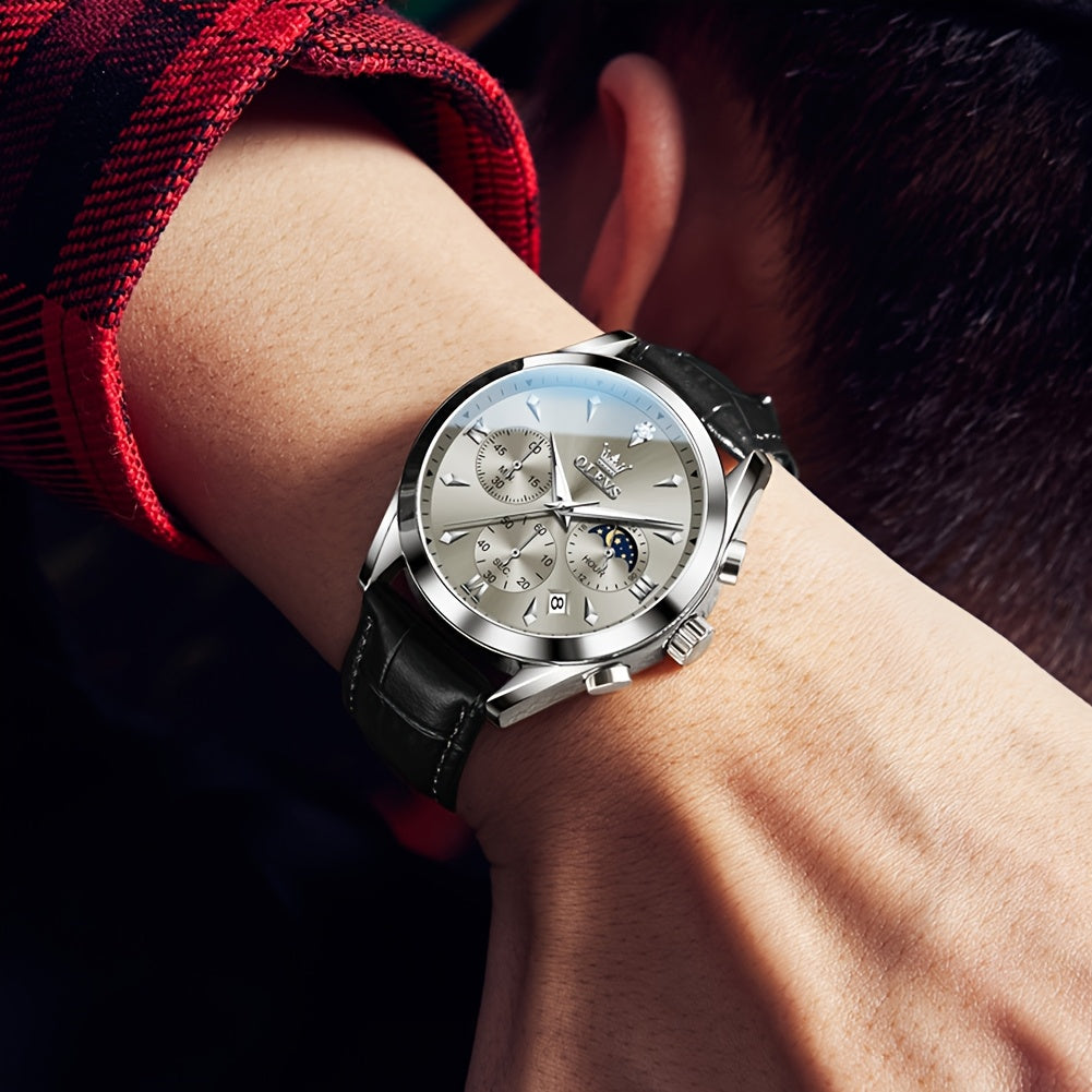 Orologio OLEVS per Uomo Classico Cronografo Pelle Marrone Cassetta Dorata Analogo Quarzo Moda Affari Abito Grande Viso Orologio da Uomo Giorno Data Luminoso Casual Maschio Orologio da Polso Regali Romantici Relojes De Hombre Blu/Nero/Bianco/Marrone Dial