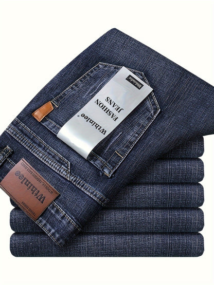 Pantaloni classici in denim finto per uomo, in un'edizione stagionale, con un design comodo e elasticizzato a gamba dritta, adatti per un lavoro casual o d'affari.