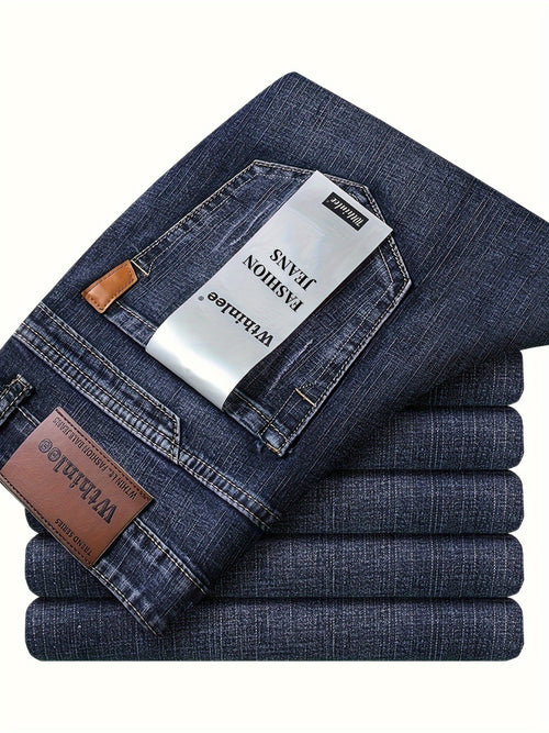 Pantaloni classici in denim finto per uomo, in un'edizione stagionale, con un design comodo e elasticizzato a gamba dritta, adatti per un lavoro casual o d'affari.