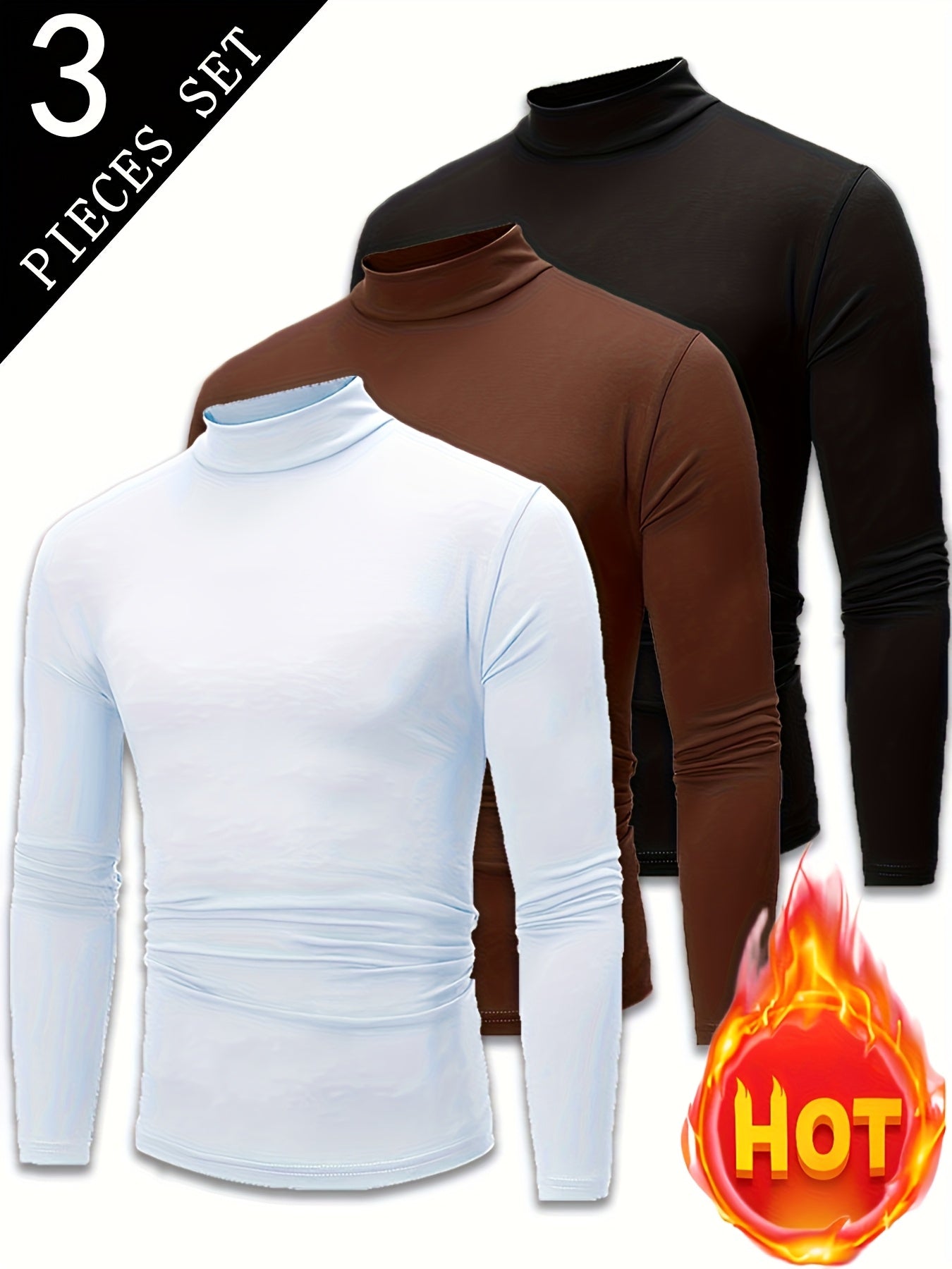3pcs Camicie a maniche lunghe con collo alto in pile termica per uomo - Slim Fit Stand Collar Base Layer, Top casual invernali a tinta unita per strati, Bianco/Nero/Azzurro marino, Essenziali per il tempo freddo, Collo alto elegante, Camicia comoda
