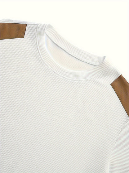 Maglione Casual Uomo in Maglia Waffle con Blocchi di Colore a Contrasto e Patch - Pullover Girocollo Lavabile in Lavatrice per Tempo Libero, Abbigliamento Tessuto