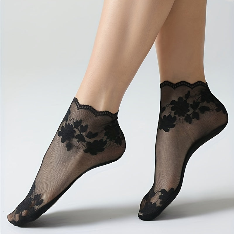 3 Paia di Calzini da Donna in Pizzo Trasparente per l'Estate - Motivo Floreale Nero, Tessuto in Rete Traspirante, Design a Tinta Unita, Lavabile a Mano, Eleganti Accessori per la Calzatura Casual, Calzini Carini