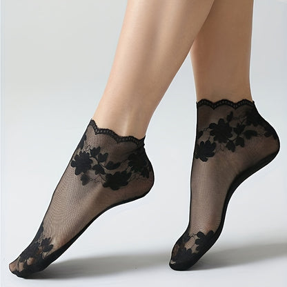 3 Paia di Calzini da Donna in Pizzo Trasparente per l'Estate - Motivo Floreale Nero, Tessuto in Rete Traspirante, Design a Tinta Unita, Lavabile a Mano, Eleganti Accessori per la Calzatura Casual, Calzini Carini