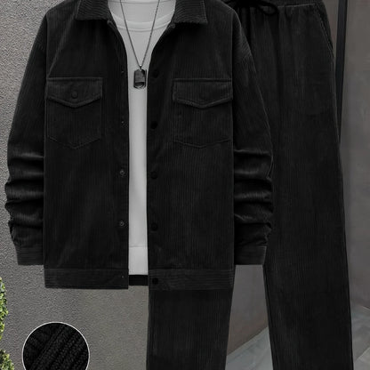 Set autunnale e invernale da uomo 2 pezzi con tessuto a coste intrecciate, tasche a doppia lavorazione, giacca a maniche lunghe e pantaloni larghi con coulisse, abito maturo per uscite casuali/ufficio/appuntamenti, 100% poliestere, lavabile a mano e in la