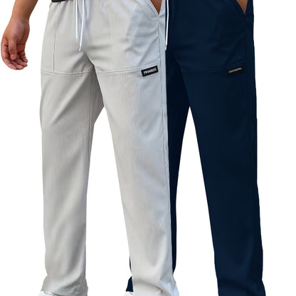 Pantaloni da lavoro casual da uomo a gamba dritta - Poliestere leggero, vita con coulisse, stile primavera/estate, opzioni bianco e blu navy, abbigliamento da lavoro casual | Pantaloni a gamba dritta | Tessuto in poliestere