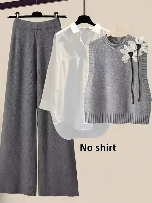 Set due pezzi elegante da donna - Pantaloni a gamba larga grigio e camicia bianca, colore solido casual con dettagli floreali, perfetto per la primavera/autunno, abbigliamento casual|Top decorato con fiori|Testura a coste