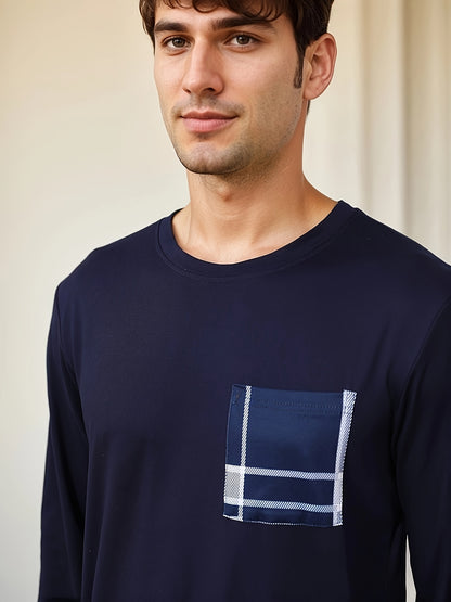 Set Pigiama Casual da Uomo - T-Shirt a Maniche Lunghe con Collo Rotondo & Pantaloni a Quadri, Misto Poliestere Morbido, Perfetto per la Primavera/Autunno