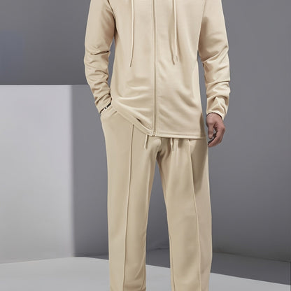 Set di 2 pezzi per uomo con cardigan con cappuccio e zip e pantaloni con coulisse - Pullover casual a maniche lunghe con tasche frontali, colore solido, outfit comodo per la primavera/autunno, abbigliamento per la primavera/autunno | Pullover con cappucci