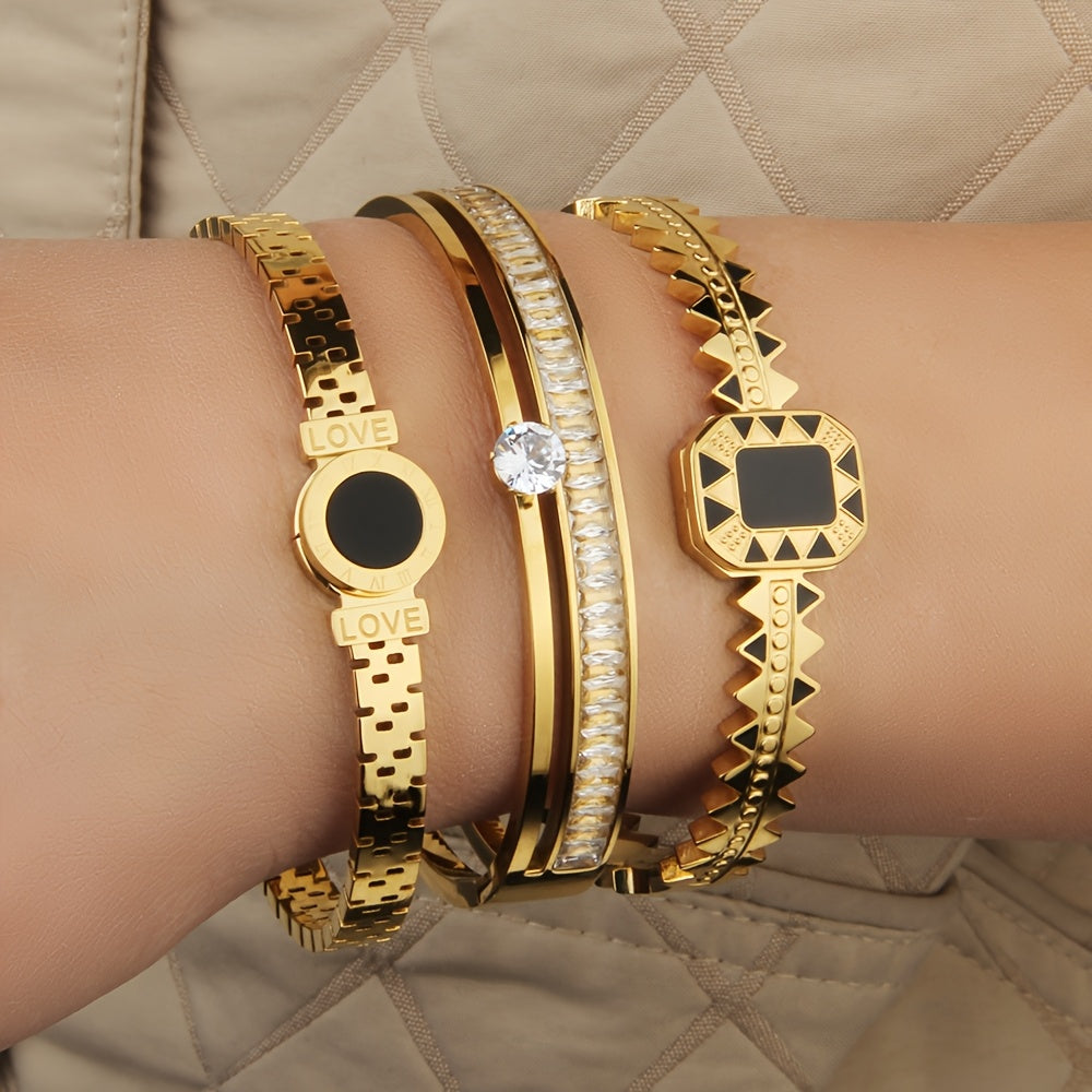3 pezzi, bracciale da donna in acciaio inossidabile, pendente romano a doppia amore intarsiato con zirconi scintillanti, alla moda e versatile, molto adatto per l'uso quotidiano e come regalo