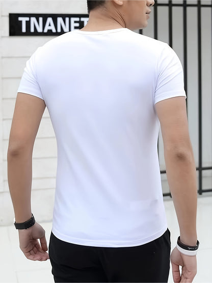 T-shirt da uomo 100% con scollo a V e maniche corte - T-shirt casual estivo traspirante, vestibilità regolare, bianco solido, medio stretch per abbigliamento casual, comodo e alla moda, T-shirt da tutti i giorni | T-shirt con scollo a V | Tessuto medio st
