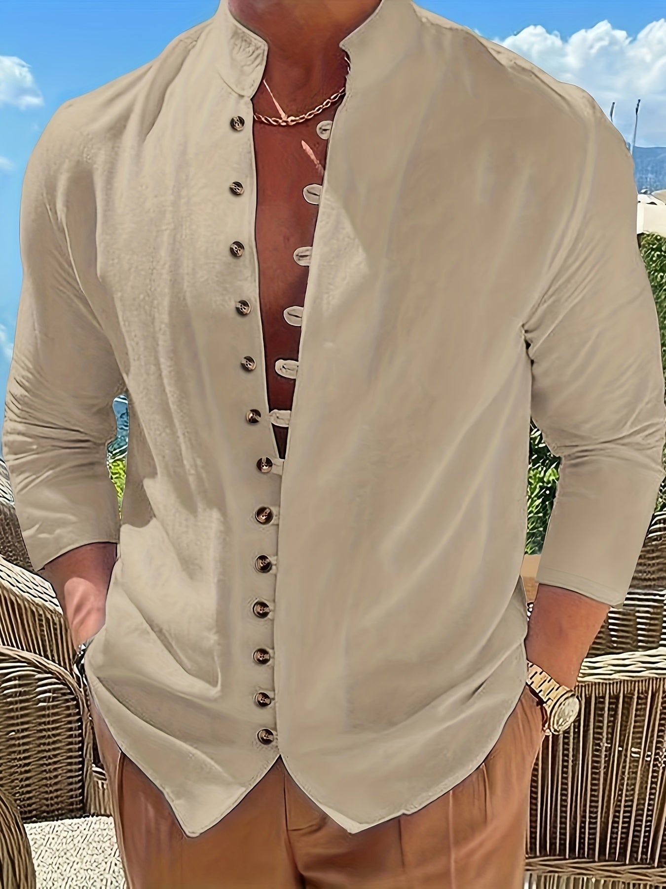 Maglietta Uomo Casual Retro a Maniche Lunghe con Collo Tondo e Bottoni, Regalo per Ramadan