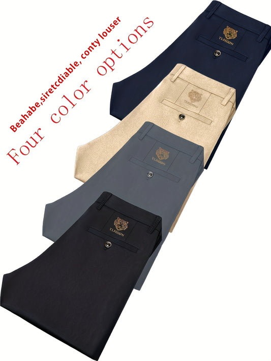 4pcs Pantaloni Eleganti Casual da Uomo a Gamba Dritta - Tessuto Elasticizzato Poliestere/Elastan, Tasche con Stampa Animalier, Comfort per Tutte le Stagioni, Solo Lavaggio a Mano (Beige/Navy/Grigio Carbone/Rosso)