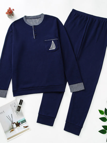 Pigiama invernale da uomo in pile, pigiama casual in poliestere lavorato a maglia, manica lunga, scollo Henley, motivo geometrico, vestibilità comoda, abbigliamento da notte per uso domestico