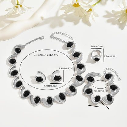 4 pezzi/Set Argento Donna Moda Semplice Collana Orecchini Braccialetto Anello Set Geometrico Ovale Nero Acrilico Intarsiato Spirale Cucitura Perline Pendente Collana Braccialetto Orecchini Anello Boho Spirale Design Set di Gioielli
