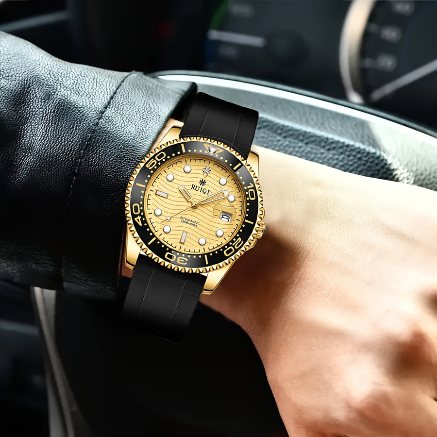 Orologio Meccanico da Uomo RUIQI con Quadrante Luminoso che Brilla al Buio, Faccia Girevole & Display Analogico, Movimento Automatico, Cassa in Tono Oro e Cinturino Nero, Multi-Quadranti per Sport ed Abbigliamento Casual, Elegante orologio analogico di lu