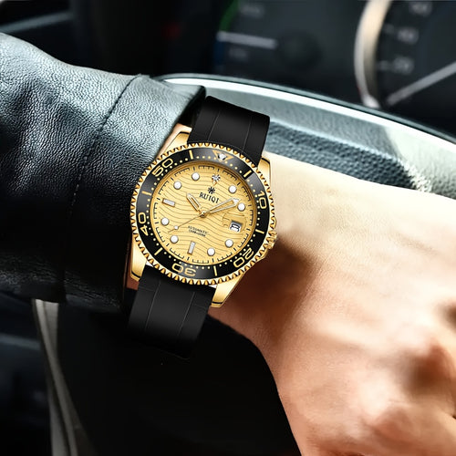 Orologio Meccanico da Uomo RUIQI con Quadrante Luminoso che Brilla al Buio, Faccia Girevole & Display Analogico, Movimento Automatico, Cassa in Tono Oro e Cinturino Nero, Multi-Quadranti per Sport ed Abbigliamento Casual, Elegante orologio analogico di lu