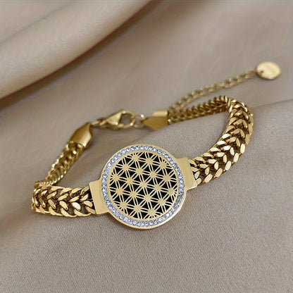1pz Braccialetto In Acciaio Inossidabile Con Fiori E Uccelli, Rotondo Con Strass In Rilievo, Braccialetto A Cerchio Del Fiore Della Vita