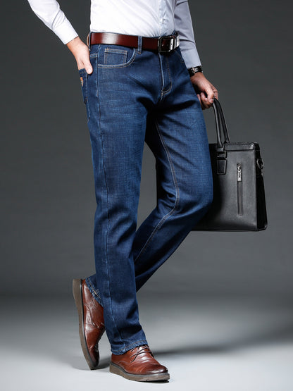 Pantaloni casual a gamba dritta con chiusura a bottoni, tasche e cintura marrone, finitura lavata blu chiaro per l'autunno/inverno, abbigliamento confortevole | Pantaloni a gamba dritta in denim finto | Design classico della tasca