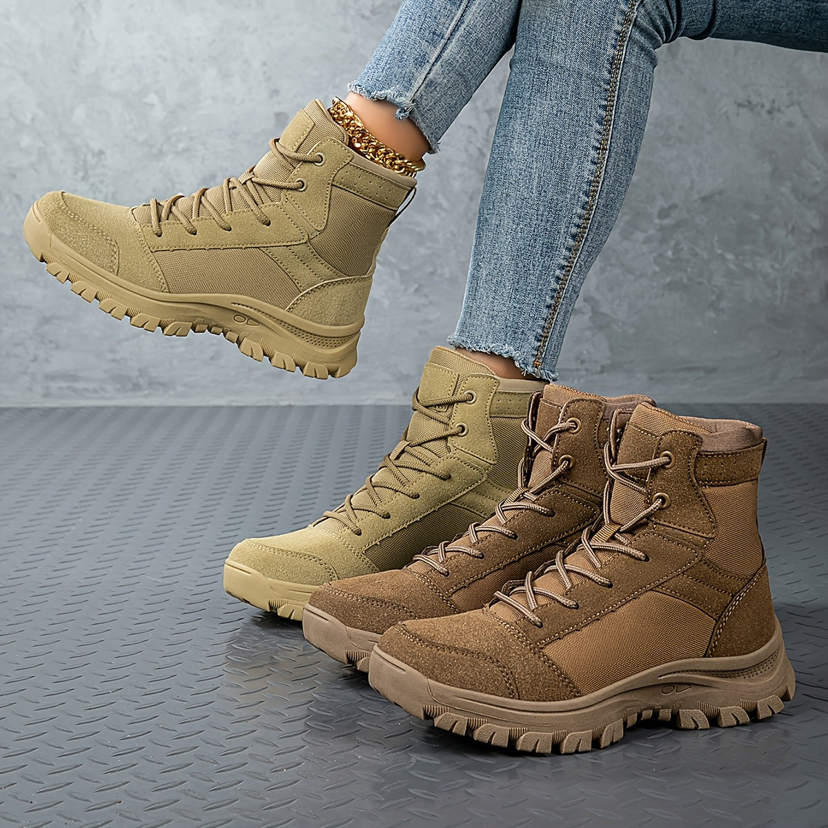 Scarpe da Trekking Donna, Stivali Tattici Antiscivolo Leggeri e Resistenti per Tutte le Stagioni, Stivaletti da Moto Mid-Cut Desert