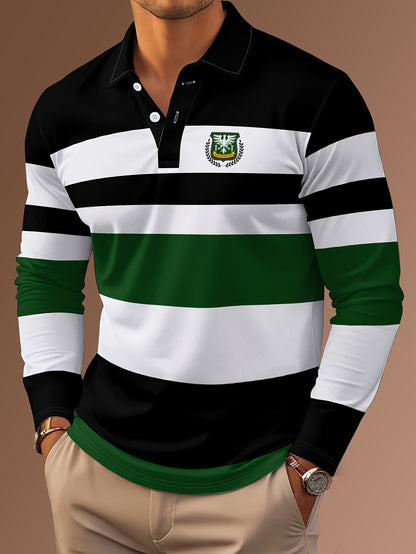 Maglietta polo casual da uomo a maniche lunghe con stampa digitale 3D - Design a righe nere e bianche, colletto con bottoni, vestibilità regolare per abbigliamento casual, abbigliamento confortevole | Stile polo classico | Abbigliamento casual resistente,