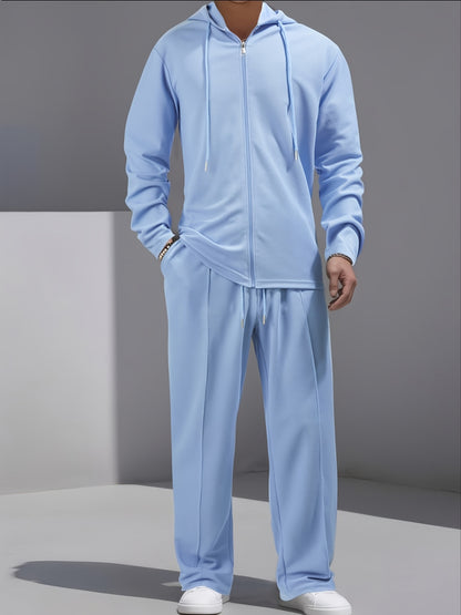 Set di 2 pezzi per uomo con cardigan con cappuccio e zip e pantaloni con coulisse - Pullover casual a maniche lunghe con tasche frontali, colore solido, outfit comodo per la primavera/autunno, abbigliamento per la primavera/autunno | Pullover con cappucci