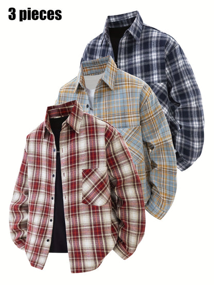Set di 3 camicie a quadri da uomo - Camicie casual a vestibilità ampia con bottoni, colletto, maniche lunghe e tasche sul petto per abbigliamento primaverile/autunnale da esterno, capispalla versatili e alla moda, abbigliamento primaverile autunnale | Des