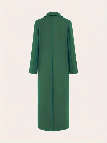 Women's Elegant Green Coat - Long Formal & Professional Outerwear, Machine Washable Winter Trench with Structured H-Silhouette for Office, Parties, Everyday - Sophisticated Outerwear, Office Ready Apparel, Smooth Texture, Durable Fabric, Office Wear, High