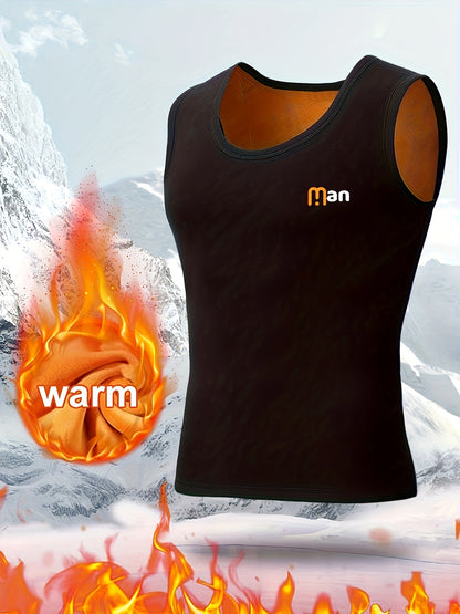 1pz Top da uomo termico foderato in fleece, stampa "MAN", gilet caldo autunno/inverno, impermeabile, poliestere 95% elastano 5%, tessuto a maglia, medio stretch, strato base atletico, spesso