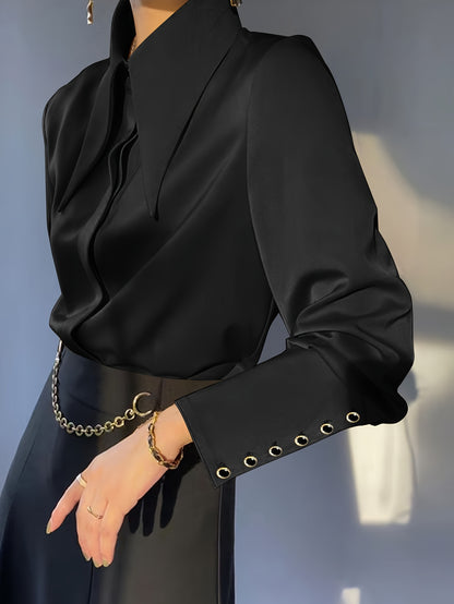 Maglia Casual Donna a Maniche Lunghe con Collo a Revers Tinta Unita