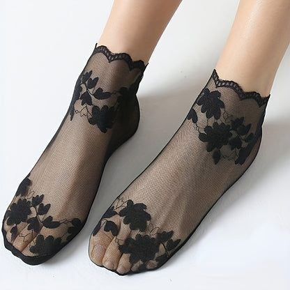 3 Paia di Calzini da Donna in Pizzo Trasparente per l'Estate - Motivo Floreale Nero, Tessuto in Rete Traspirante, Design a Tinta Unita, Lavabile a Mano, Eleganti Accessori per la Calzatura Casual, Calzini Carini