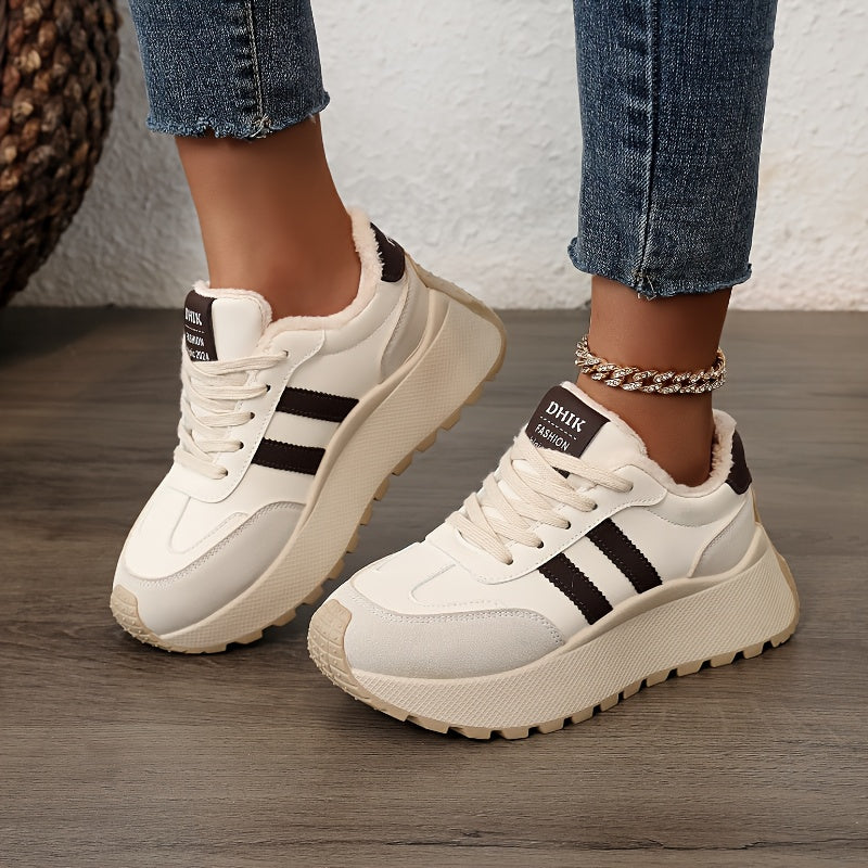 Scarpe da ginnastica invernali da donna con fodera in pile - Scarpe basse con lacci in pelle sintetica con design ricamato e suola spessa e morbida, ideali per un look casual e sportivo, scarpe da ginnastica invernali | Scarpe invernali alla moda | Suola